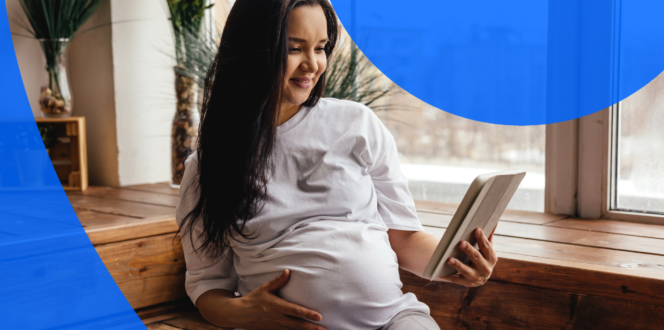 Pregnant woman reading imaging report on a tablet