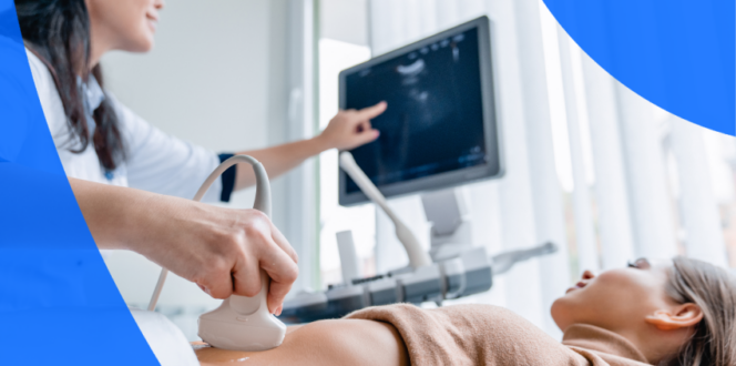 A technician performing an abdominal ultrasound