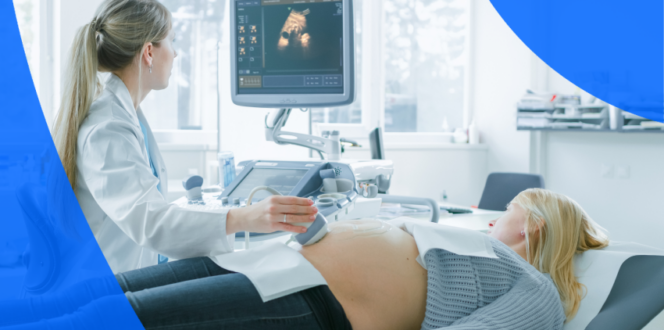 A technician performing an ultrasound on a pregnant woman