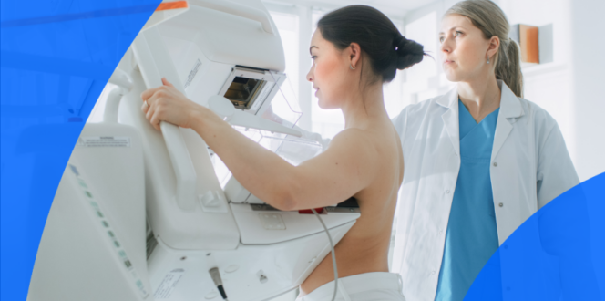 A patient getting a mammogram done